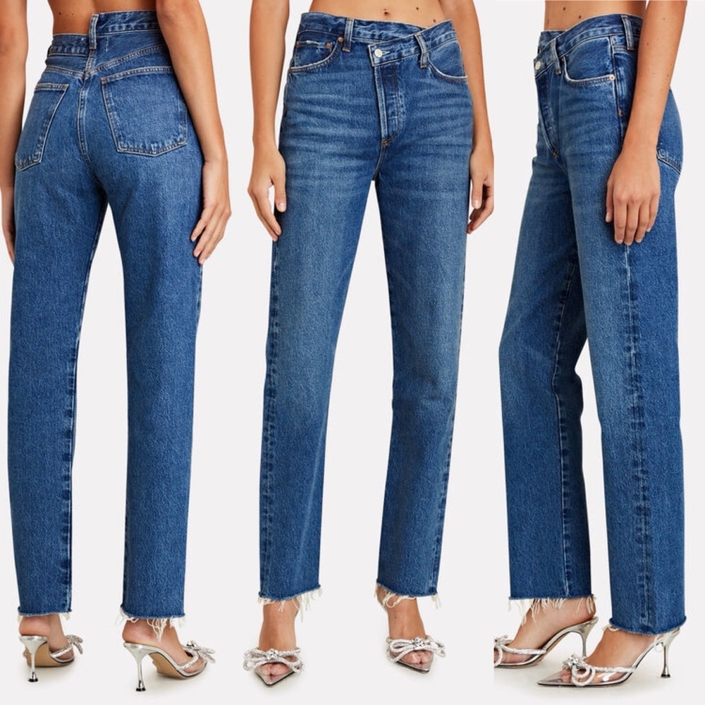 AGOLDE Criss Cross Straight Leg Organic Jeans Button Fly Womens Sz 22 Blue Denim